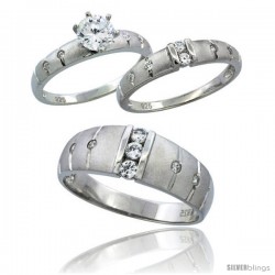 Sterling Silver Cubic Zirconia Trio Engagement Wedding Ring Set for Him & Her 7.5 mm Channel Set, L 5 - 10 & M 8 - 14