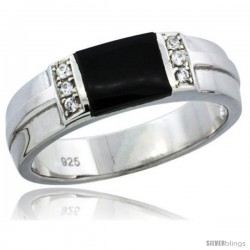 Sterling Silver Cubic Zirconia Mens Wedding Band Ring Black Onyx, 1/4 in wide