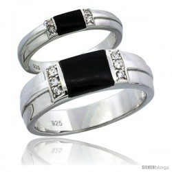 Sterling Silver Cubic Zirconia Wedding Band Ring 2-Piece Set 6.5 mm Him & Hers 3.5 mm Black Onyx