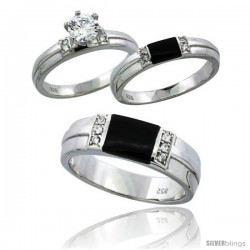 Sterling Silver Cubic Zirconia Trio Engagement Wedding Ring Set for Him & Her 6.5 mm Black Onyx, L 5 - 10 & M 8 - 14