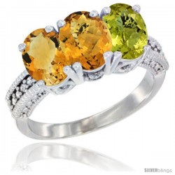 14K White Gold Natural Citrine, Whisky Quartz & Lemon Quartz Ring 3-Stone 7x5 mm Oval Diamond Accent