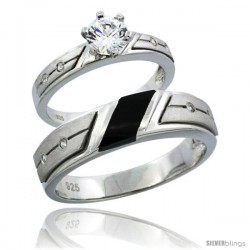 Sterling Silver Cubic Zirconia Engagement Rings Set for Him & Her 3/4 ct size Man's Wedding Band )
