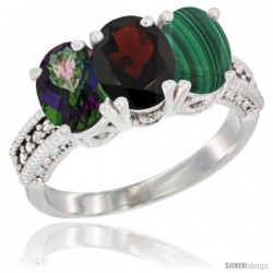 14K White Gold Natural Mystic Topaz, Garnet & Malachite Ring 3-Stone 7x5 mm Oval Diamond Accent