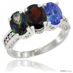 14K White Gold Natural Mystic Topaz, Garnet & Tanzanite Ring 3-Stone 7x5 mm Oval Diamond Accent