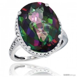 14k White Gold Diamond Mystic Topaz Ring 13.56 Carat Oval Shape 18x13 mm, 3/4 in (20mm) wide