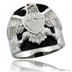 Sterling Silver Men's Black Onyx American Eagle Ring CZ Stones, 5/8 in (16 mm) wide