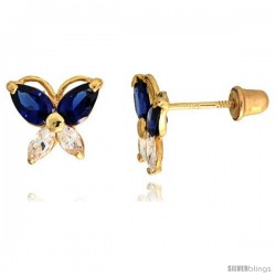 14k Yellow Gold 5/16" (8mm) tall Butterfly Stud Earrings, w/ Marquise Cut Clear & Pear Cut Blue Sapphire-colored CZ Stones