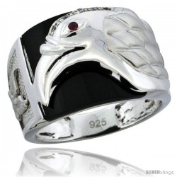 Sterling Silver Men's Black Onyx American Eagle Ring CZ Stones, 5/8 in (16 mm) wide -Style Rcz835