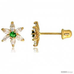 14k Yellow Gold 5/16" (8mm) tall Flower Stud Earrings, w/ Marquise Cut Clear & Brilliant Cut Emerald-colored CZ Stones