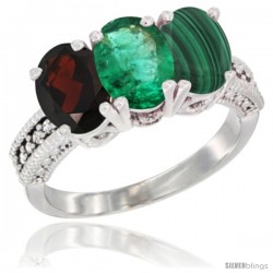 10K White Gold Natural Garnet, Emerald & Malachite Ring 3-Stone Oval 7x5 mm Diamond Accent