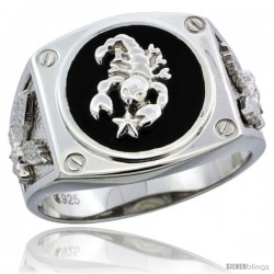 Sterling Silver Men's Black Onyx Scorpion Ring Screw Accents & American Eagle on Sides, 5/8 in (16 mm) wide