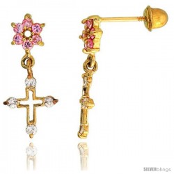 14k Yellow Gold 11/16" (18mm) tall Flower & Cross Dangling Earrings, w/ Brilliant Cut Clear & Pink Sapphire-colored CZ Stones