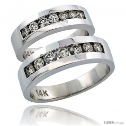 14k White Gold 2-Piece His (6.5mm) & Hers (5.5mm) Diamond Wedding Ring Band Set w/ 0.96 Carat Brilliant Cut Diamonds