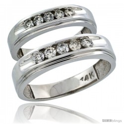 14k White Gold 2-Piece His (6mm) & Hers (5mm) Diamond Wedding Ring Band Set w/ 0.67 Carat Brilliant Cut Diamonds