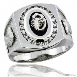 Sterling Silver Men's Black Onyx Scorpion Ring CZ Stones & Horse Head on Sides, 3/4 in (17 mm) wide