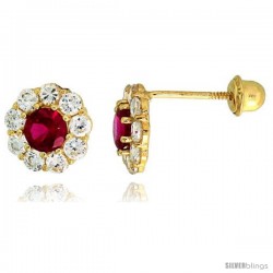 14k Yellow Gold 5/16" (8mm) tall Flower Stud Earrings, w/ Brilliant Cut Clear & Ruby-colored CZ Stones