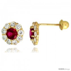 14k Yellow Gold 5/16" (8mm) tall Flower Stud Earrings, w/ Brilliant Cut Clear & Ruby-colored CZ Stones