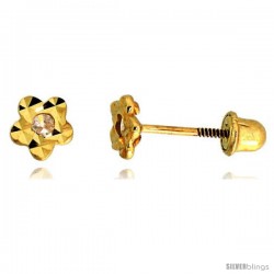 14k Yellow Gold 3/16" (5mm) tall Tiny Flower Stud Earrings, w/ CZ Stone