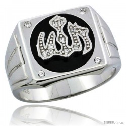 Sterling Silver Men's Black Onyx Allah Ring CZ Stones & Frosted Stripes on Sides, 1/2 in (14 mm) wide