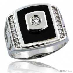 Sterling Silver Men's Black Onyx Ring CZ Stones & Dolphins on Sides, 3/4 in (17 mm) wide