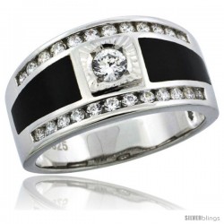 Sterling Silver Men's Black Onyx Solitaire Ring CZ Stones, 1/2 in (11.5 mm) wide