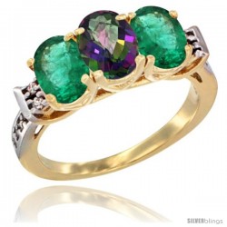 10K Yellow Gold Natural Mystic Topaz & Emerald Sides Ring 3-Stone Oval 7x5 mm Diamond Accent