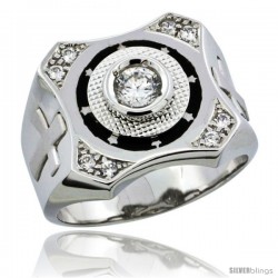 Sterling Silver Men's CZ Ring Star Accents & Cross on Sides, 5/8 in (16 mm) wide