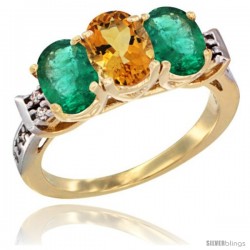 10K Yellow Gold Natural Citrine & Emerald Sides Ring 3-Stone Oval 7x5 mm Diamond Accent