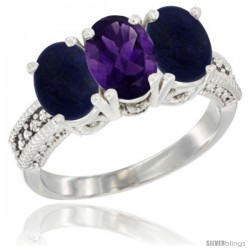 14K White Gold Natural Amethyst Ring with Lapis 3-Stone 7x5 mm Oval Diamond Accent