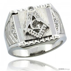 Sterling Silver Men's Masonic Ring CZ Stones & Frosted Side Accents, 5/8 in (16 mm) wide