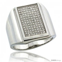 Sterling Silver Men's Large Rectangular Ring 112 Micro Pave CZ Stones, 3/4 in (20.5 mm) wide