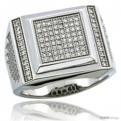 Sterling Silver Men's Large Square Ring 168 Micro Pave CZ Stones, 5/8 in (16 mm) wide