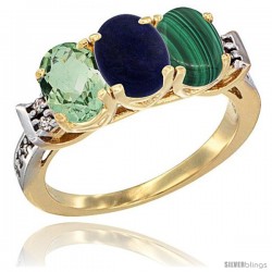 10K Yellow Gold Natural Green Amethyst, Lapis & Malachite Ring 3-Stone Oval 7x5 mm Diamond Accent