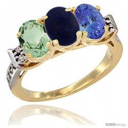 10K Yellow Gold Natural Green Amethyst, Lapis & Tanzanite Ring 3-Stone Oval 7x5 mm Diamond Accent