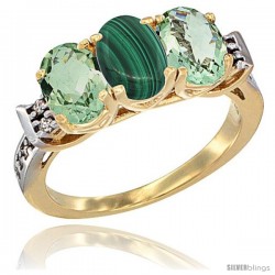 10K Yellow Gold Natural Malachite & Green Amethyst Sides Ring 3-Stone Oval 7x5 mm Diamond Accent