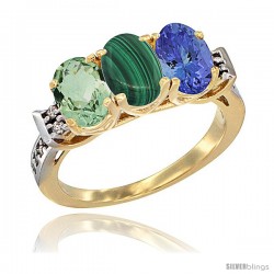 10K Yellow Gold Natural Green Amethyst, Malachite & Tanzanite Ring 3-Stone Oval 7x5 mm Diamond Accent