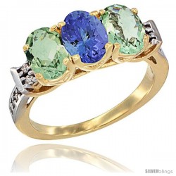 10K Yellow Gold Natural Tanzanite & Green Amethyst Sides Ring 3-Stone Oval 7x5 mm Diamond Accent