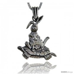 Sterling Silver Rabbit sitting on Turtle Pendant, 1 1/4 in tall