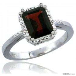 10K White Gold Natural Garnet Ring Emerald-shape 8x6 Stone Diamond Accent