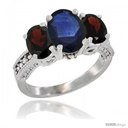 10K White Gold Ladies Natural Blue Sapphire Oval 3 Stone Ring with Garnet Sides Diamond Accent