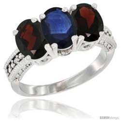 10K White Gold Natural Blue Sapphire & Garnet Sides Ring 3-Stone Oval 7x5 mm Diamond Accent