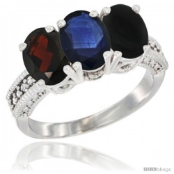 10K White Gold Natural Garnet, Blue Sapphire & Black Onyx Ring 3-Stone Oval 7x5 mm Diamond Accent