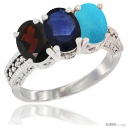10K White Gold Natural Garnet, Blue Sapphire & Turquoise Ring 3-Stone Oval 7x5 mm Diamond Accent