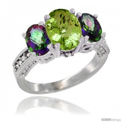 14K White Gold Ladies 3-Stone Oval Natural Peridot Ring with Mystic Topaz Sides Diamond Accent