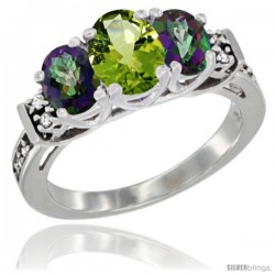 14K White Gold Natural Peridot & Mystic Topaz Ring 3-Stone Oval with Diamond Accent