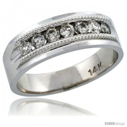 14k White Gold 7-Stone Milgrain Design Men's Diamond Ring Band w/ 0.64 Carat Brilliant Cut Diamonds, 9/32 in. (7mm) wide