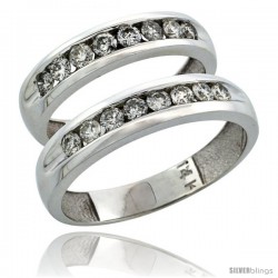 14k White Gold 2-Piece His (5mm) & Hers (4.5mm) Diamond Wedding Ring Band Set w/ 0.94 Carat Brilliant Cut Diamonds