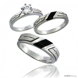 Sterling Silver Cubic Zirconia Trio Engagement Wedding Ring Set for Him & Her 5.5 mm Black Onyx, L 5 - 10 & M 8 - 14