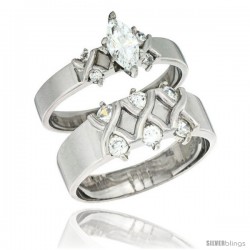 Sterling Silver Cubic Zirconia Engagement Rings Set for Him & Her Marquise Cut 3/8 in wide