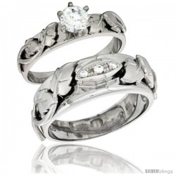 Sterling Silver Cubic Zirconia Engagement Rings Set for Him & Her Round Brilliant Cut 5/16 in wide